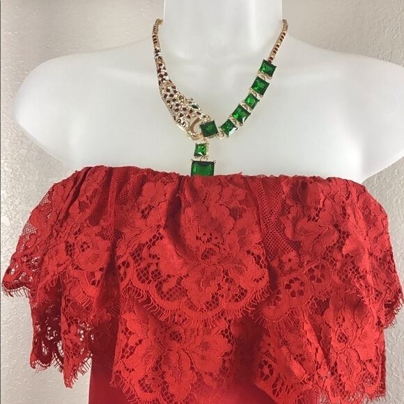 Lovers + Friends NWT Sylvia Red Satin & Lace Strapless Gown - Picture 8 of 11